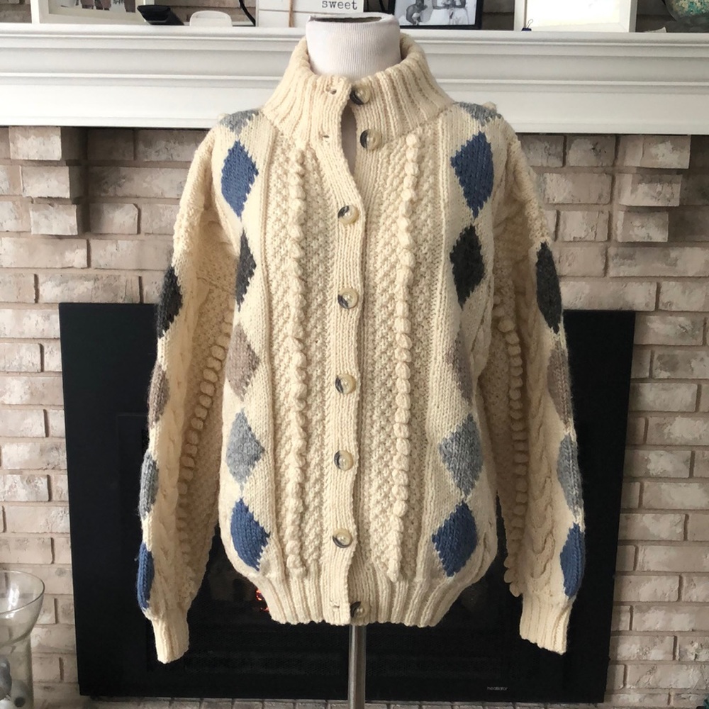 Lochcarron Men’s Hand Knitted Pure Wool Button Down Argyle Cardigan size Small